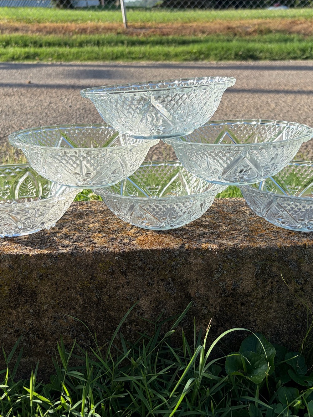 KIG crystal clear glass bowls set of 6, hearts roses vintage style pressed glass